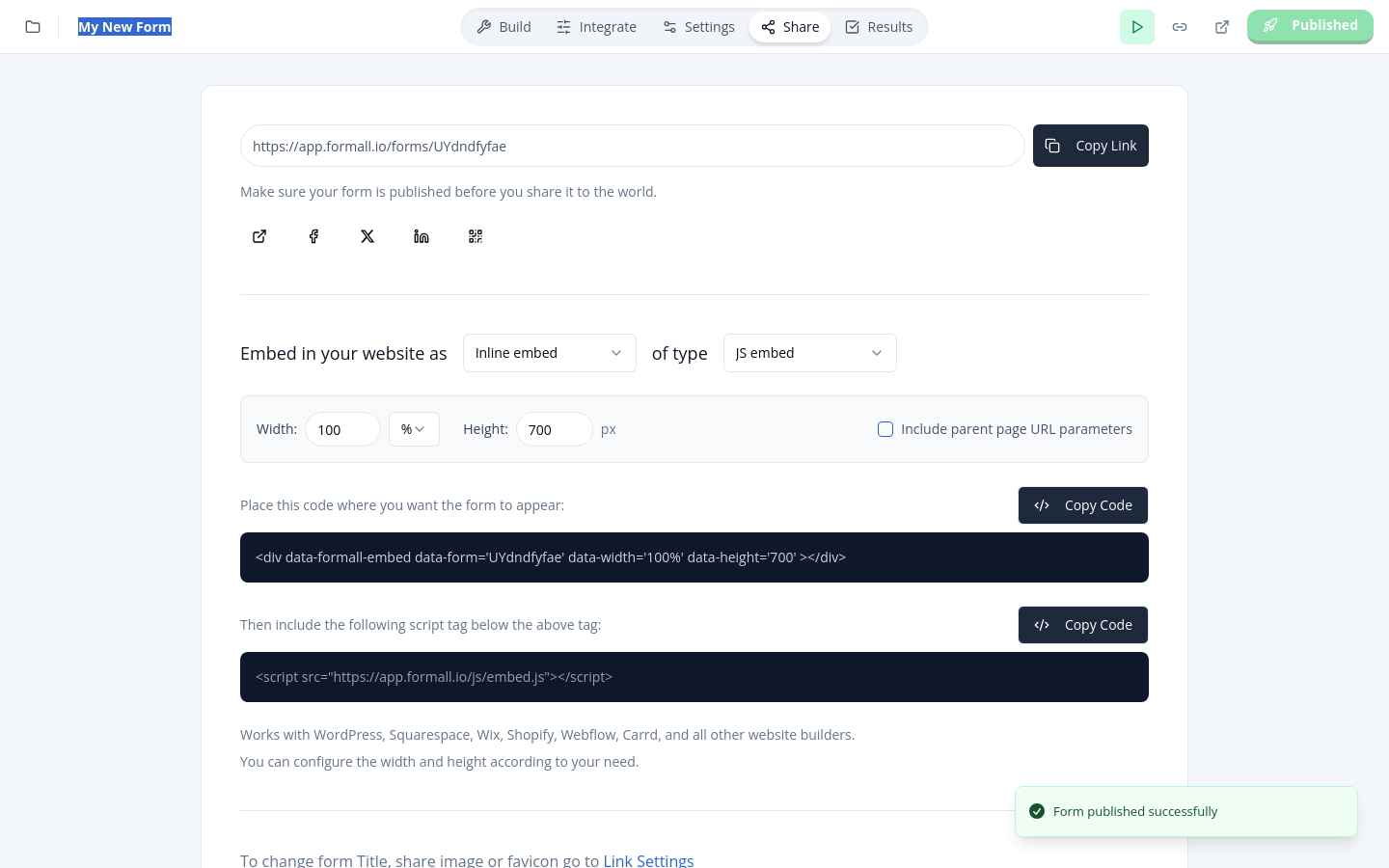 Click Publish to publish the form
